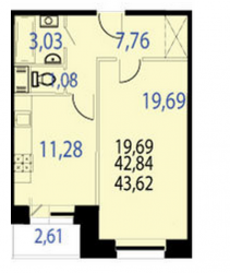 Однокомнатная квартира 43.62 м²