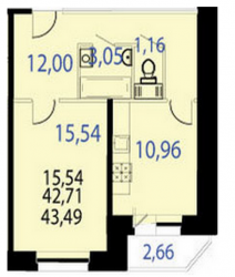 Однокомнатная квартира 43.49 м²